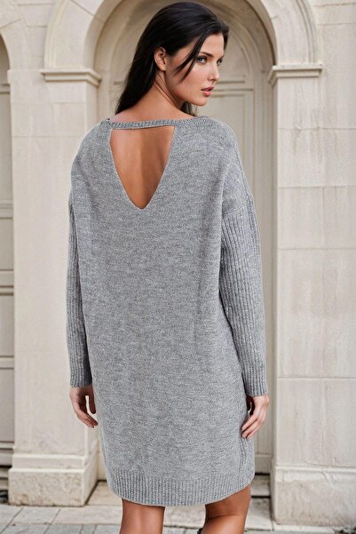 NEW LAVİVA Gray Midi Length, Back Detail, Basic Knitwear Dress