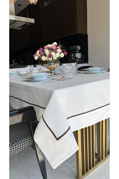 Tropikhome Cream Colored Cotton Tablecloth - Bordered and Piping