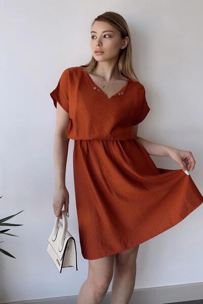 NEW LAVİVA Brick Colored Women's Midi Dress - Short Sleeve, Heart Collar, Tex...