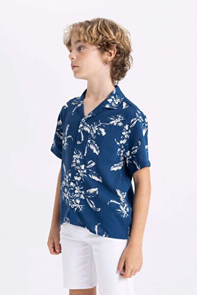 DeFacto Fiú túlméretezett póló nyakú mintás viszkóz rövid ujjú ing C2876A824SM