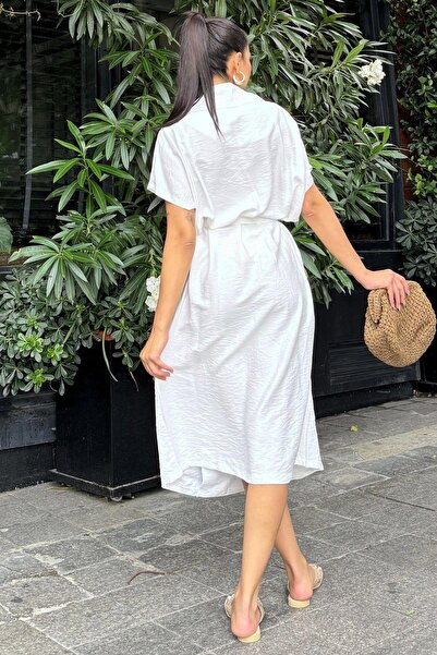 NEW LAVİVA Rochie albă de in midi cu rever dublu - mâneci scurte și detaliu curea