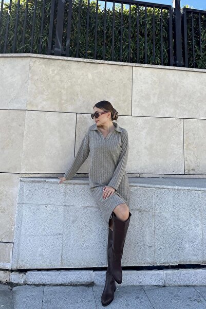 NEW LAVİVA Γυναικείο μπεζ γιακά πόλο, αυτοσχεδιασμένο, βασική εφαρμογή, μακρυμάνικο μίντι πλεκτό φόρεμα