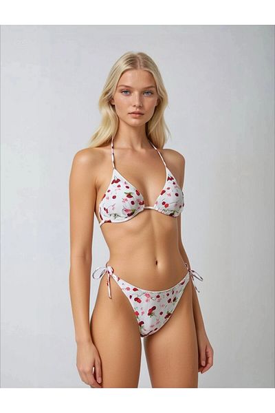 hazelin Women's White Cherry Themed Halter Neck Tie-Up Triangle Bikini Set Hzl25S-Lc5005