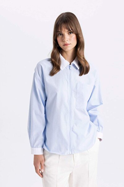 DeFacto Relax Fit Fermuarlı Poplin Uzun Kollu Tesettür Gömlek Tunik C7826AX24SM