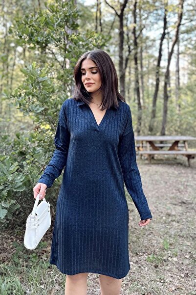 NEW LAVİVA Жіноча темно-синя сукня з поло-коміром, з власним візерунком, базова модель, з довгими рукавами, середньої довжини, трикотажна