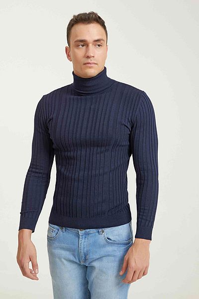 D'S Damat Ds Damat Slim Fit Navy Blue Ribbed Cotton Blend High Neck Knitwear Sweater