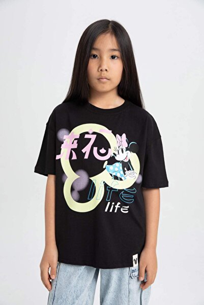 DeFacto Dívčí tričko Disney Mickey & Minnie Oversize Wide Fit Crew Krátký rukáv C5938A824SM