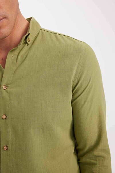 DeFacto 100% Cotton Modern Fit Button Polo Neck Linen Look Long Sleeve Shirt T6284Azns