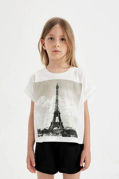 DeFacto Girls' 2-Piece Set Printed Short Sleeve T-Shirt Elastic Waist Shorts C5359A824Hs