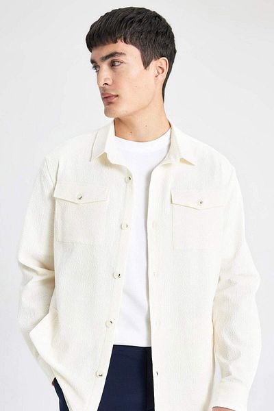 DeFacto Regular Fit Polo Collar Seersucker Textured Shirt Jacket B6682AX24SP
