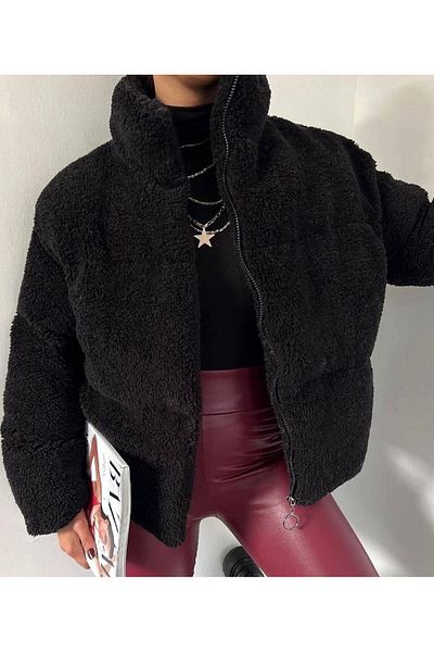 moda armanc Plush Relief Teddy Inflatable Coat - Black