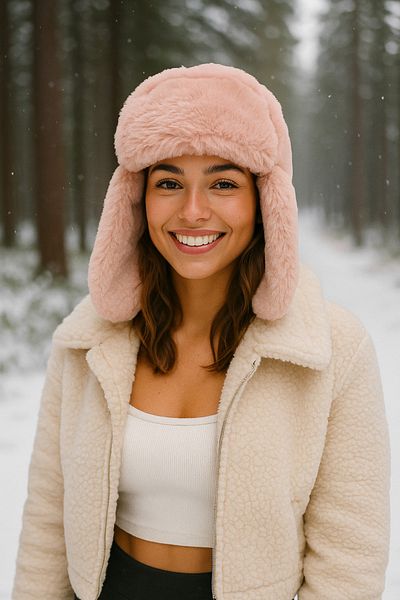 Luminos Butik Pink Plush Earmuff Beanie for Comfortable Cold Weather - Soft Furry Texture Beanie1127