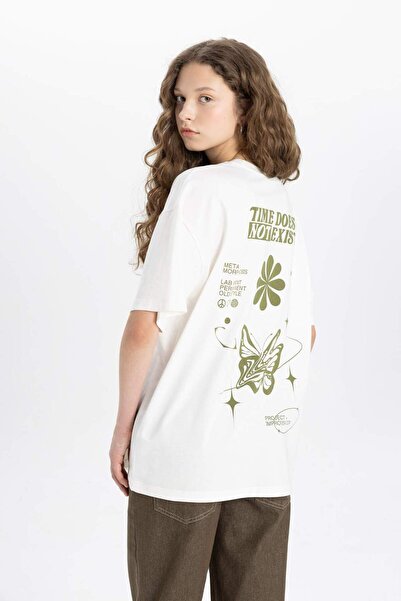 DeFacto Μπλουζάκι με κοντό μανίκι με στάμπα με λαιμόκοψη Oversize C3127AX24SM