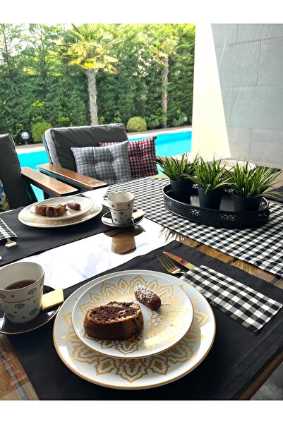 Tropikhome Amerikan Servis Supla Ve Runner Seti 6 Kişilik Siyah Ekose Desen Masa Sunum Takımı