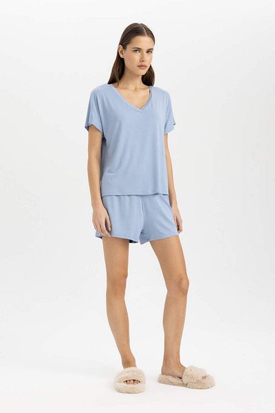 DeFacto V-Neck Short Sleeve Pajamas Set - Top Elastic Waist Shorts Bottom B8678Ax24Sm