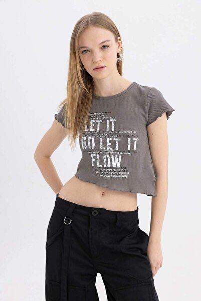 DeFacto Coool Fitted Велосипедна комір з принтом Waffle Короткий рукав Футболка C8613AX24SM