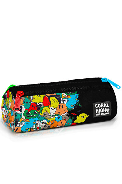 Coral High Black Cartoon Patterned Three Compartment Pencil Bag 22090