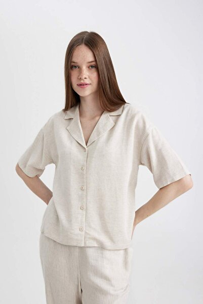 DeFacto Oversize Wide Fit Pajama Collar Linen Blend Short Sleeve Shirt U2927Az24Sm