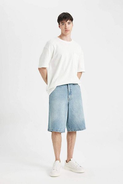 DeFacto 100% Cotton Baggy Jean Bermuda Shorts C2048Ax24Sm