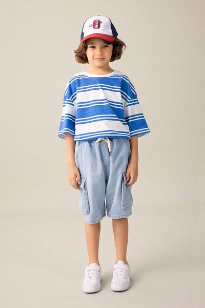 DeFacto Tricou cu mânecă scurtă în dungi pentru băiat, cu croială supradimensionată, cu decolteu, C4047A824SM