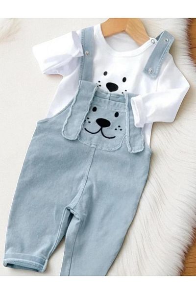 ALTINTAŞ BABY Long Ear Puppy Pocket Knitted Jeans 2-Piece Salopet Set