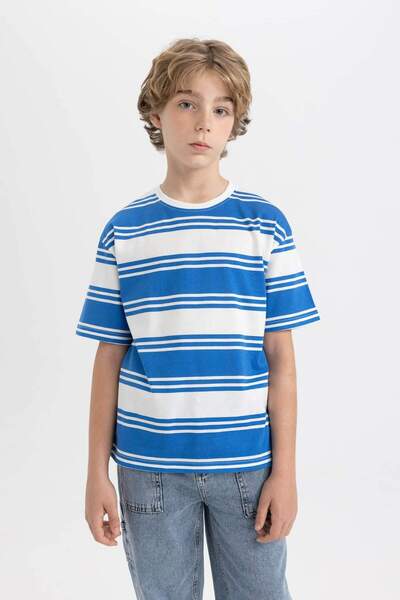 DeFacto Boy's Oversize Wide Fit Crew λαιμόκοψη ριγέ κοντομάνικο T-shirt C4047a824sm