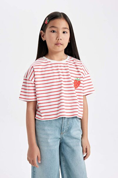 DeFacto Girl's Crew Neck Striped Short Sleeve T-Shirt C4508A824SM