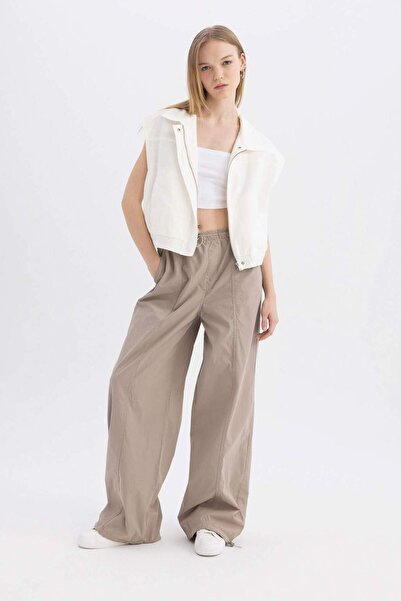 DeFacto Poplin Pants Wide Leg Double Pockets High Stretchy Waisted Standard Length Adjustable Elastic Leg B751