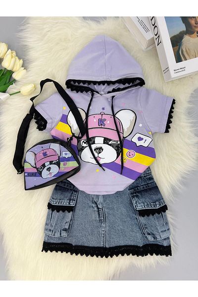 mislina kids Girl's Denim Skirt 3-Piece Set – T-Shirt + Denim Skirt + Bag