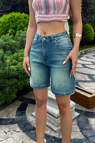 BİKELİFE Women's Snow Wash Faded Effect High Waist Denim Shorts