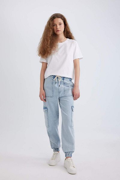 DeFacto Jogger cargo cu talie înaltă, blugi, până la gleznă, pantaloni spălați C1416AX24SM