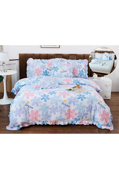 trendyhome Lenjerie de pat, bumbac fin, volane, 6 bucăți, flori, albastru/alb, P23646-elastic