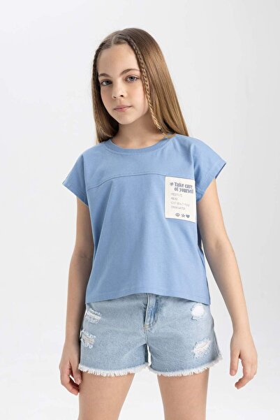 DeFacto Κοντομάνικο μπλουζάκι για κορίτσια με στάμπα με λαιμόκοψη C4507A824SM