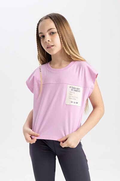 DeFacto Kız Çocuk Boxy Fit Bisiklet Yaka Baskılı Kısa Kollu Tişört C4507A824SM