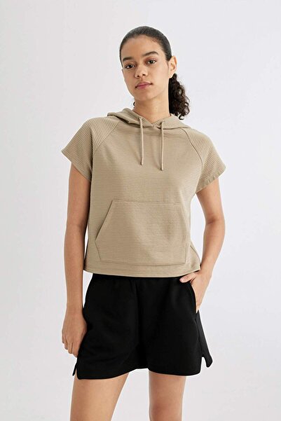 DeFacto DeFactoFit Standard Fit με κουκούλα αθλητικό καπιτονέ κοντομάνικο μπλουζάκι C1618AX24SM