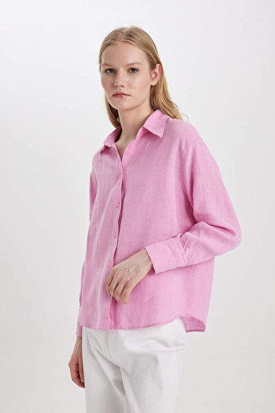 DeFacto قميص كبير الحجم ذو قصة واسعة 100% كتان بأكمام طويلة Z6638AZ24SP