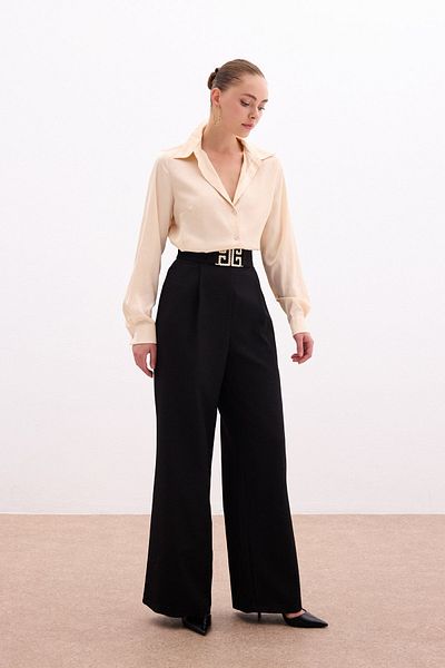 Sateen Wide Leg Trousers with Waist Accessory - BLACK