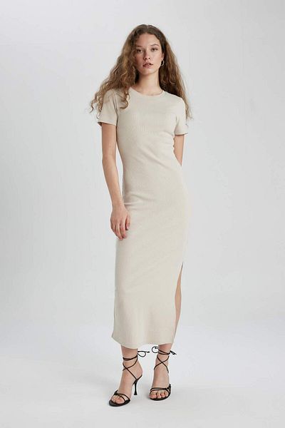 DeFacto Bodycon Body Hugging Crew Neck Ribbed Camisole Short Sleeve Maxi Dress C1509Ax24Sp