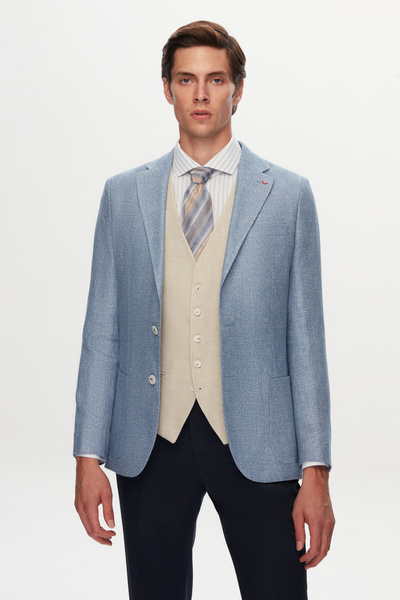 D'S Damat بدلة Ds Damat Slim Fit باللون الأزرق من قماش الدوبيه ذات الياقة الم...