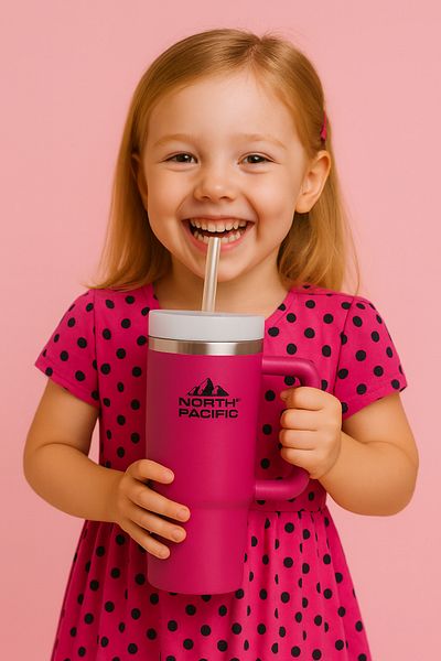 North Pasific Barbiecore Lady Mug – 900 ml Fuchsia Thermos with Straw, Special for Stylish & Powerful Women