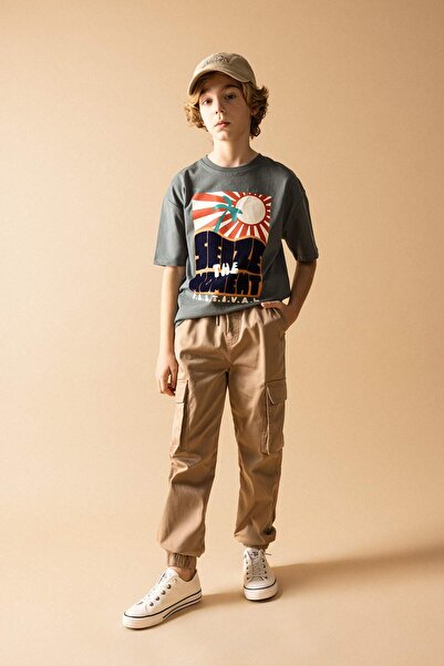 DeFacto Boy's Cargo Pocket Waist Lace-Up Elastic Leg Pocket Jogger Gabardine Trousers B8939A824Sm