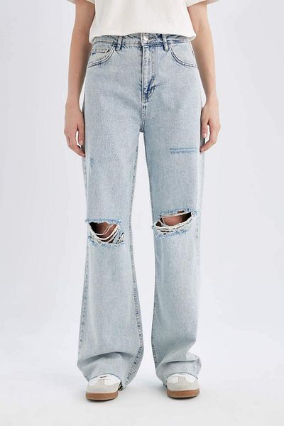DeFacto Anii 90, picioare late, rupte, cu talie înaltă, cu tăiere la capătul pantalonilor, pantaloni lungi de spălat C2395AX24SP
