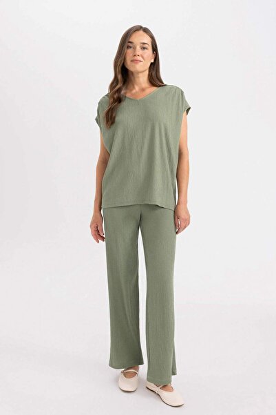DeFacto Bürümcük Pantolon Wide Leg Geniş Bol Paça Esnek Belli C0200AX24SP