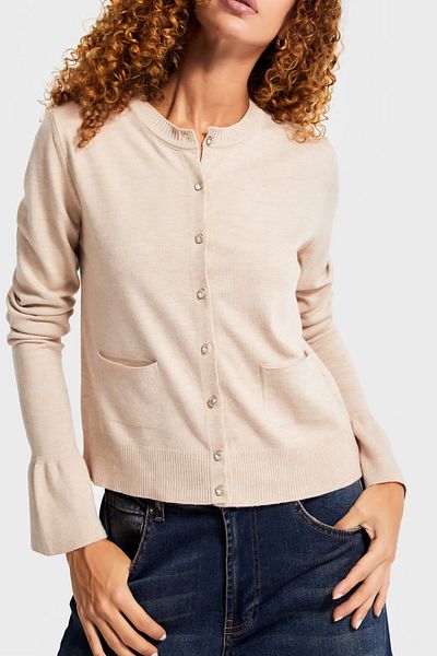 its basic Women's Beige Color W5-57 Flared Sleeve Buttoned Viscose Blended Knitwear Cardigan with Front Pocket