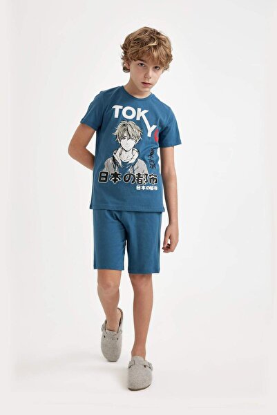 DeFacto Хлопчачий піжамний комплект з коротким рукавом і шортами з принтом C2783A824SM