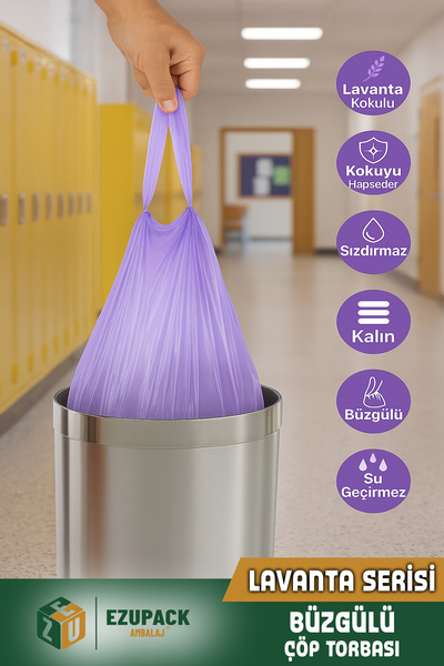 Ezupack 40 Lt ( 5 PAKET ) Avantaj Paket Orta Boy Lavanta Kokulu Büzgülü Çöp Poşeti Çöp Torbası 50 Adet