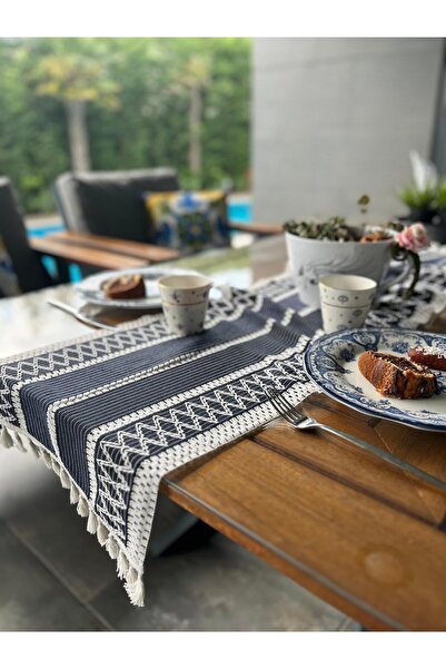 Tropikhome Örme Masa Örtüsü Püsküllü Runner Masa Örtüsü Organik Pamuk Runner ...