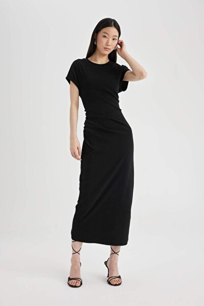 DeFacto Bodycon Στρογγυλή λαιμόκοψη Basic Solid Twill Camisole Κοντό μανίκι Maxi Φόρεμα C2470AX24SP