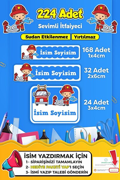 SB store Sevimli İtfaiyeci Temalı Okul Kreş Kişiye Özel İsim Etiket Seti - Mo...