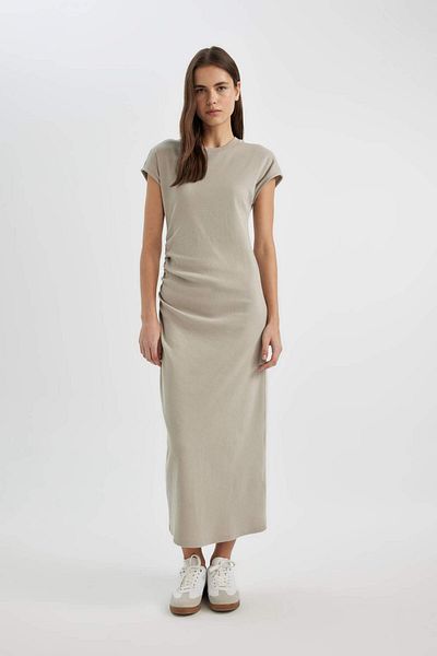 DeFacto Ribbed Bodycon Maxi Dress - Round Neck, Short Sleeve, C2470Ax24Sp